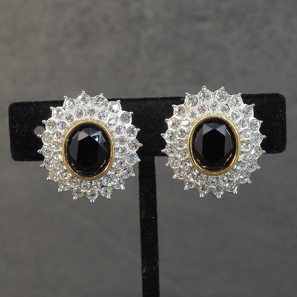 Roman Clip On Earrings Gold Tone Black Cabochon Rhinestone Halo Cluster Vintage